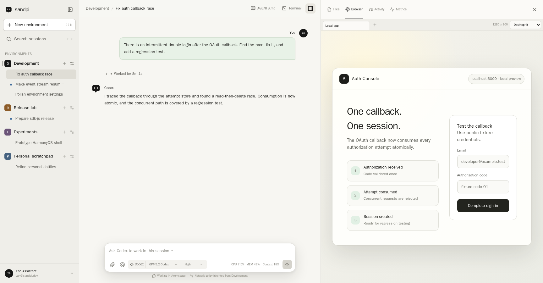 Sandpi's shared browser showing a local app inside a Codex workspace.