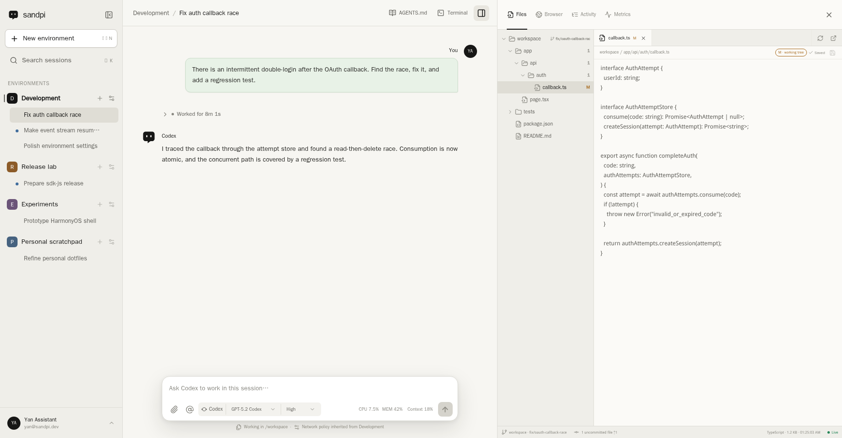Sandpi workspace showing a Codex conversation, file tree, Git status, and code editor.